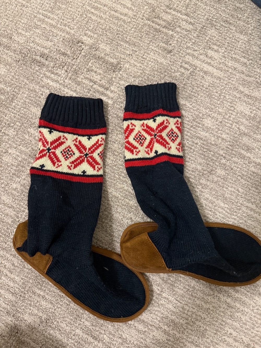 Navy Knit Slipper Socks with Red & Cream Fair Isle Cuff